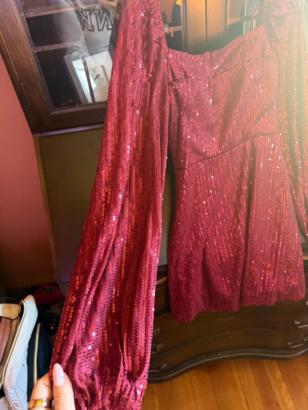 Red Sequin Long Sleeve Mini Dress - Picture 5 of 6